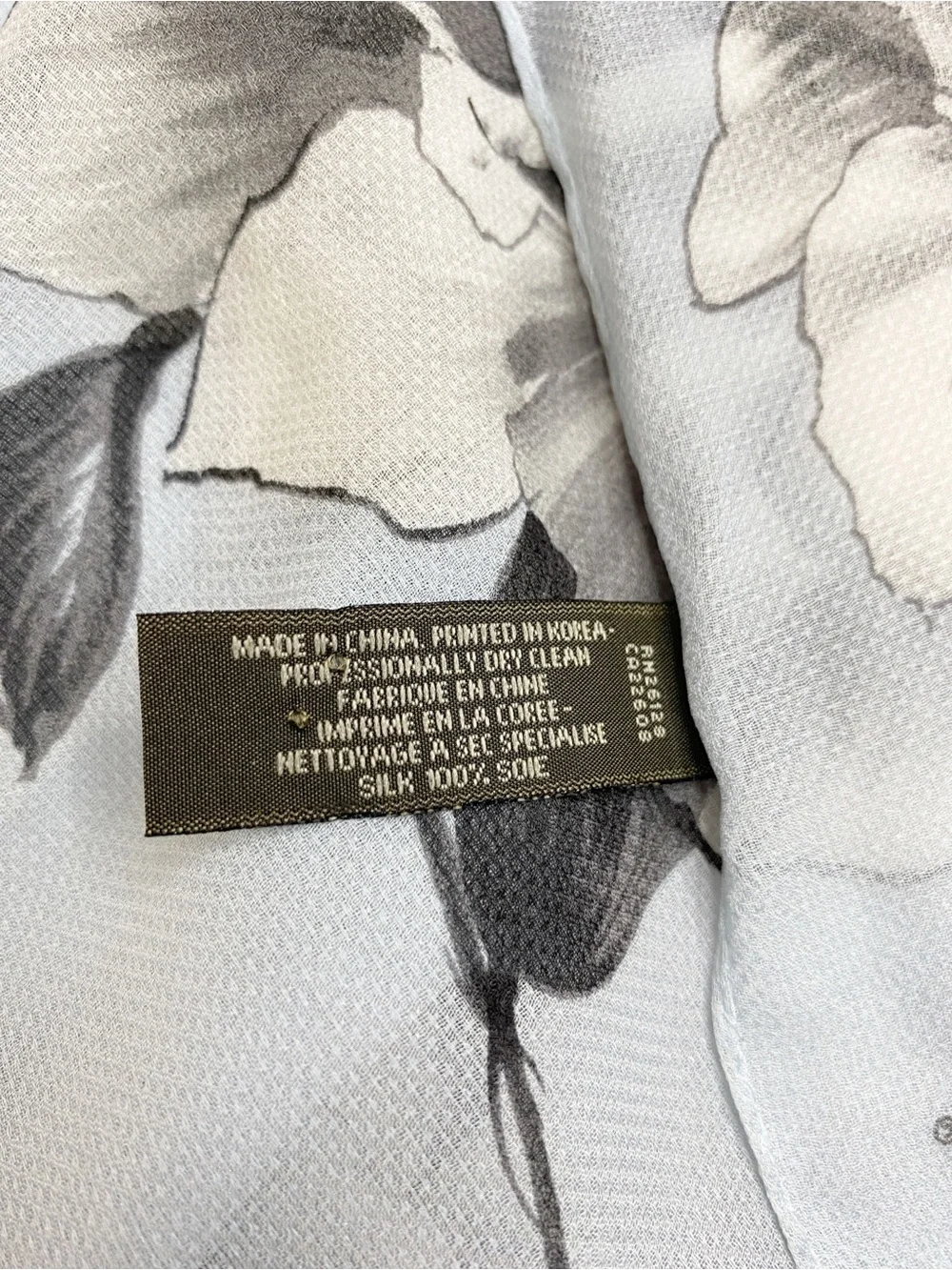 ECHO 100% Silk Light Blue Gray Floral Rose Print Long Fringe Scarf 65”X 10.75”